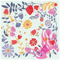 Colorful floral illustration various flowers and leaves against a light mint background, creating a vibrant, whimsical pattern, It could be used as a wallpaper, fabric design or other elements vector