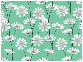 A teal background adorned with hand drawn white daisies featuring pink and purple centers, creating a cheerful floral pattern, It could be used as a wallpaper, fabric design, or other elements. vector