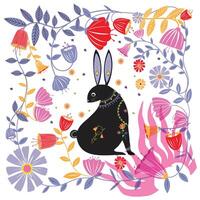 A whimsical black rabbit adorned with flowers, surrounded by vibrant, colorful blooms and leaves in a playful floral design, It could be used as a wallpaper, fabric design or other decorative elements vector