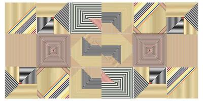 A geometric print pattern alternating colored stripes and squares, creating a dynamic visual rhythm and depth, It could be used as a wallpaper, tiles, carpet, rug, fabric design, vector