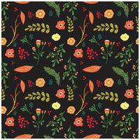 Colorful square repeat floral pattern featuring orange, yellow, and red flowers, green leaves, and berries on a dark background, it could be used as a wallpaper, fabric design, pillow and curtains vector
