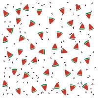A playful pattern of watermelon slices and seeds scattered on a white background, creating a fresh and summery vibe. vector