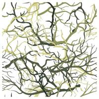 Abstract illustration of intertwining branches in various shades of green and tan, on a white background, creating an organic pattern, it could be used as a wallpaper, fabric design, and curtains vector