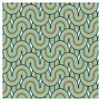 Abstract pattern featuring curved lines in shades of mint, red, and cream, framed by colorful concentric borders on a black background, It could be used as a wallpaper, fabric design or other elements vector
