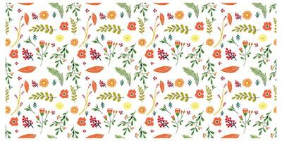 A colorful flower and leaf print placement in repeat pattern on orange and yellow, green and red berries on a white background, it could be used as a wallpaper, fabric design, pillow and curtains vector