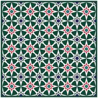 A vibrant geometric pattern of stars in red, blue, and purple against a dark green background, framed by a white outline ,It could be used as a wallpaper, tiles, carpet, rug, fabric design vector