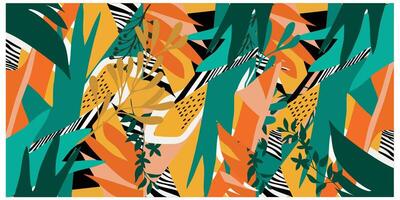 A vibrant abstract design featuring leaf shapes and bold colors like teal, orange, and black, with graphic patterns and textures. ,It could be used as a wallpaper, tiles, carpet, rug, fabric design vector