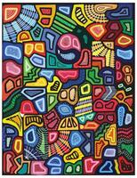 A vibrant abstract design composed of colorful geometric shapes and patterns, blending various textures and forms on a dark background, bold geometric shapes give the pattern a modern and stylish feel vector