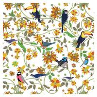 A pattern of colorful birds, including toucans and finches, intertwined with bright sunflowers and greenery on a white background, it could be used as a wallpaper, fabric design, pillow and curtains vector