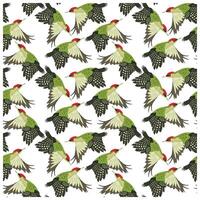 A repeat print pattern featuring green birds with red caps and detailed wings, set against a white background.It could be used as a wallpaper, fabric design, or other decorative elements and curtains vector