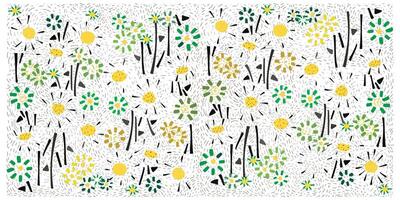 A vibrant pattern of colorful flowers in yellow and green against a white background, with stylized back stem and abstract shapes, it could be used as a wallpaper, fabric design, and curtains vector