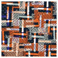 Abstract pattern featuring overlapping geometric shapes and dots in orange, navy, gray, and white, creating a vibrant, textured design, it could be used as a wallpaper, fabric design, and curtains vector