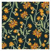 A vibrant floral pattern featuring intricate orange and yellow flowers with green stems against a deep navy background, it could be used as a wallpaper, fabric design, pillow and curtains vector