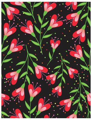 A luxury repeat print pattern of red and pink flowers with green leaves, set against a black background with colorful dots, it could be used as a wallpaper, fabric design, pillow and curtains