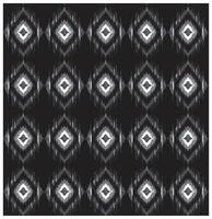 A repeating geometric pattern of diamond shapes with jagged white and gray lines set against a black background, retro style ikat print placement could use as a fabric and wallpaper design vector