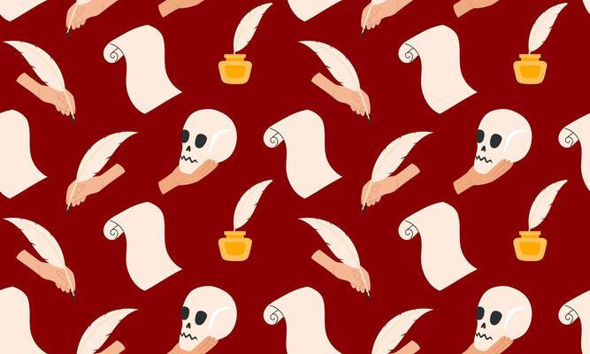 Shakespeare seamless pattern. Hamlet skull monologue, Roll of old paper and feather, ink bottle and inkwel. Classic theater and drama symbol. Theatre Day background. Flat illustration