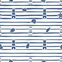 Seamless marine pattern with lighthouse and seashells. vector