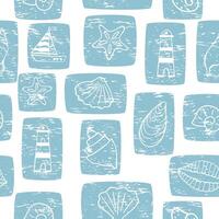 Various sea elements, shells, lighthouse, ship. Pattern with abrasions. Seamless pattern vector