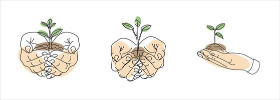 Linear-style representation of spring featuring budding green sprouts. illustration adorned colorful spots vector