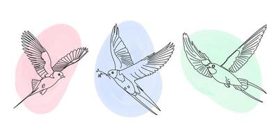 Set of flying swallows. Spring collection of bird on linear style with watercolor spots, isolated on white background vector