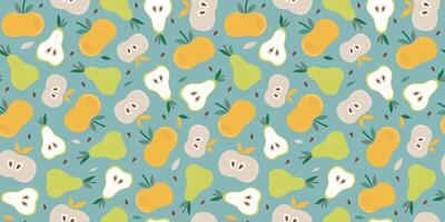 Seamless pattern. Apple, pear. Set of simple abstract fruits. Vitamin natural food, slices and whole fruits. Color flat illustration. vector