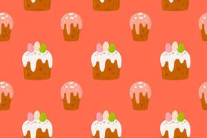 A charming pattern featuring Easter cakes with icing and decorations on a warm coral background. Great for festive designs. vector