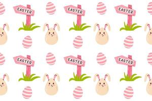 Easter pattern featuring bunny faces, pink eggs, and festive elements. Great for holiday wrapping and decorations. vector