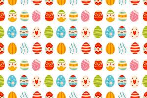 A seamless pattern of various Easter eggs with different decorations and colors. Perfect for festive backgrounds and designs. vector