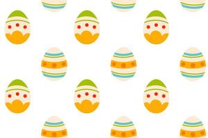 A seamless pattern with cute Easter egg with colorful shells on a white background. Perfect for festive decorations, packaging, and children's textiles. vector