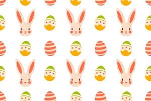 A seamless pattern featuring bunny faces, colorful Easter eggs, and chick faces on a white background. Ideal for festive designs and spring projects. vector