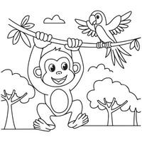 Cute Monkey Hanging on a Tree with a Bird Coloring Page for Kids vector