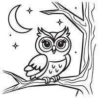 Owl in Tree with Moon Coloring Page for Kids vector