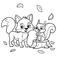 Fox and Squirrel Coloring Page for Kids vector