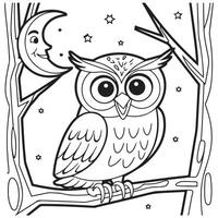 Owl in Tree with Happy Moon Coloring Page for Kids vector