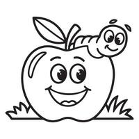 Apple with Happy Worm Coloring Page for Kids vector