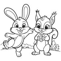 Cute Squirrel and Rabbit Playing Coloring Page vector