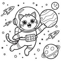 Cat Astronaut in Space with Planets, Spaceship Coloring Page for Kids vector