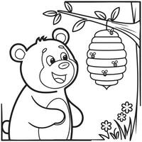 Bear and Honeycomb Hanging on a Tree Coloring Page vector
