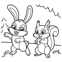 Squirrel and Rabbit Playing Coloring Page vector
