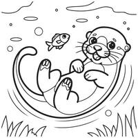 Otter and Fish Coloring Page vector
