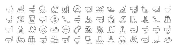 Pack of Water Park, Aquapark, Swimming Pool, Diving Related Line Icons. Outline Signs for Graphic and Web Design, Apps, Adverts, Various Cards vector