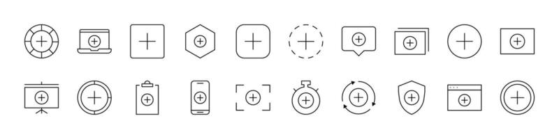 Plus Sign Thin Line Icon Set. Outline Signs for Graphic and Web Design, Apps, Adverts, Various Cards vector