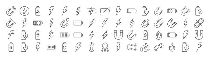 Magnet, Battery, Lightning Line Icon Pack. Outline Signs for Graphic and Web Design, Apps, Adverts, Various Cards vector