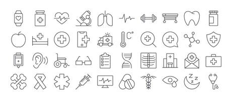 Pack of Line Icons of Medical Cross, Heart, Bones, Health Care. Minimalistic Linear Pictogram for Web and Graphic Design, Apps, Banners, Social Network and Cards vector
