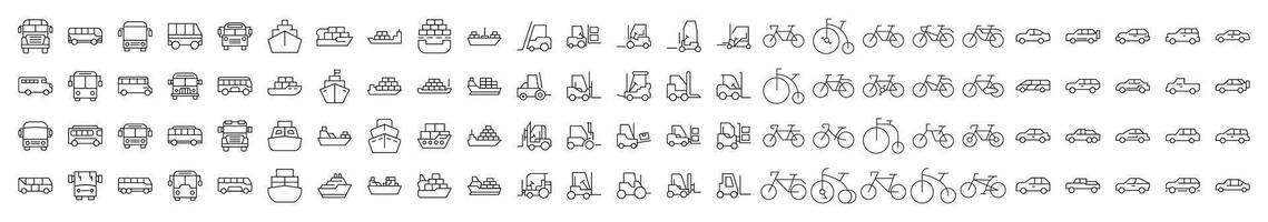 Bus, Ship, Tractor, Bicycle, Car Outline Simple Linear Image Collection. Editable Stroke. Perfect for Web Sites, Books, Cards, Apps vector