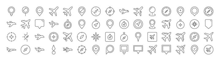 Plane, Map Pin, Compass Line Icon Bundle. Outline Signs for Graphic and Web Design, Apps, Adverts, Various Cards vector