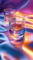 Elegant crystal glasses on vibrant fabric display with colorful reflections and lighting at evening setting photo