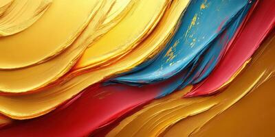 Vibrant abstract artwork showcasing smooth brush strokes in gold, blue, and red tones with dynamic textures photo