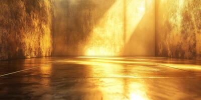 Warm golden light fills an empty room with reflections on the polished floor during late afternoon photo