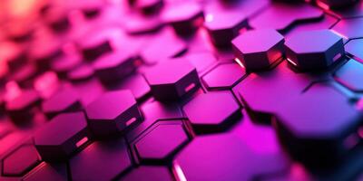 Intricate hexagonal pattern illuminated in vibrant pink and purple hues showcases modern design aesthetics photo